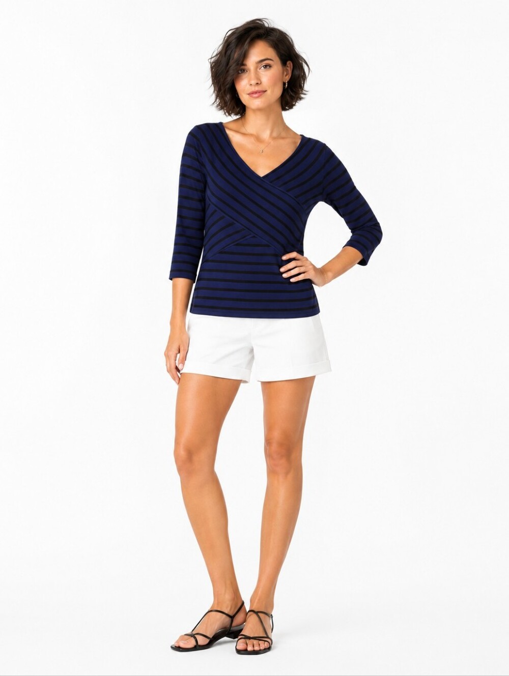 White House Black Market Blue Black Striped Surplice Faux Wrap Top S - Picture 6 of 6